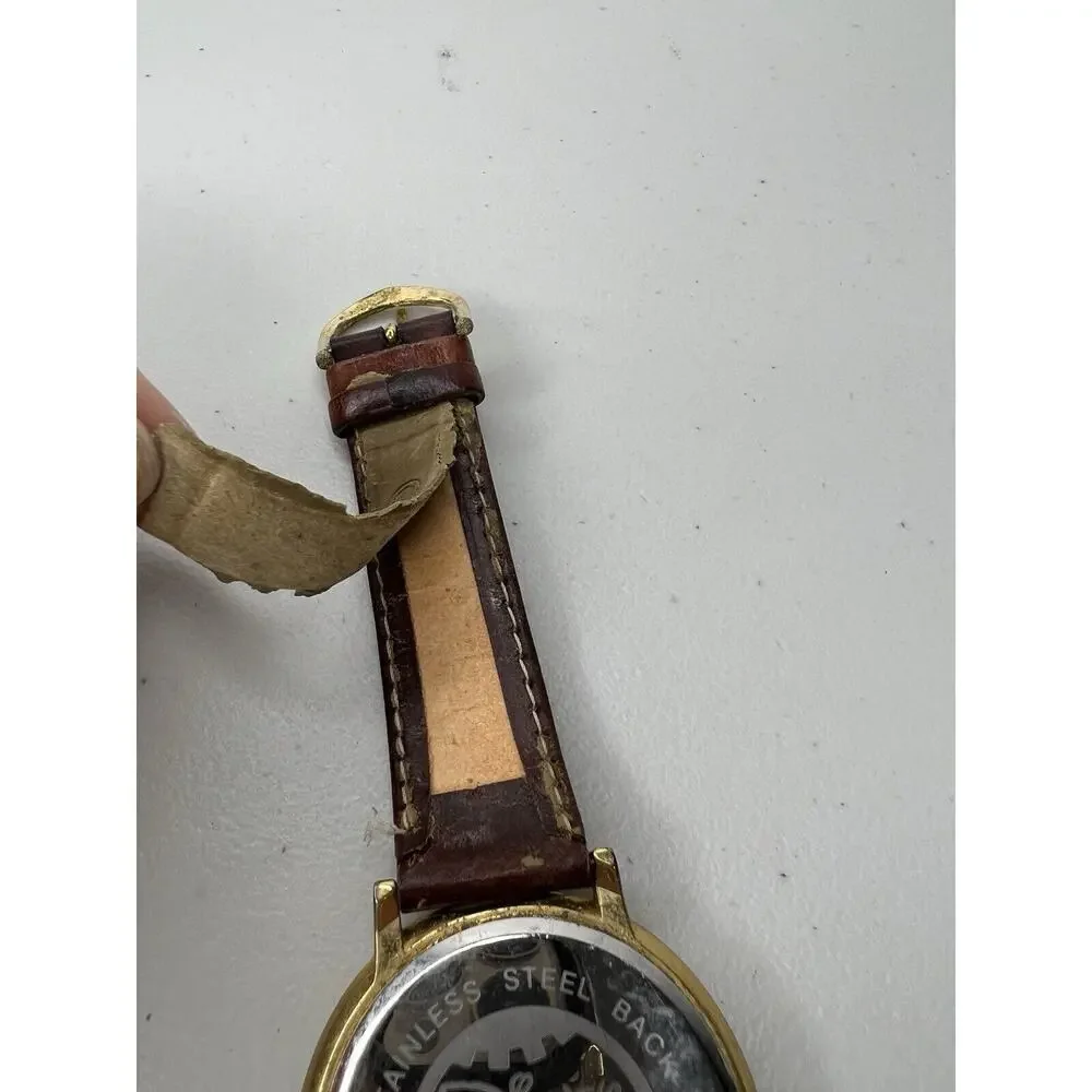 Disney Time Works Mickey Mouse Gold Toned Analog Watch Brown Leather